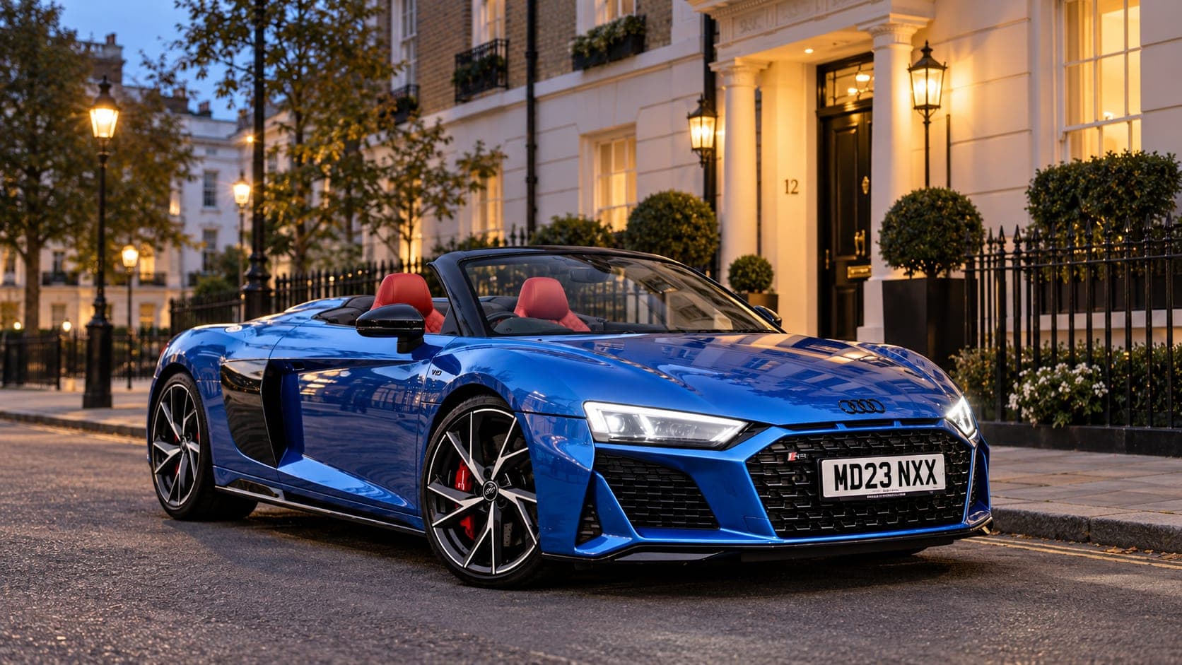 Blue Audi R8 Spyder V10 in Belgravia, front three-quarter, available to hire from CVS Car Hire