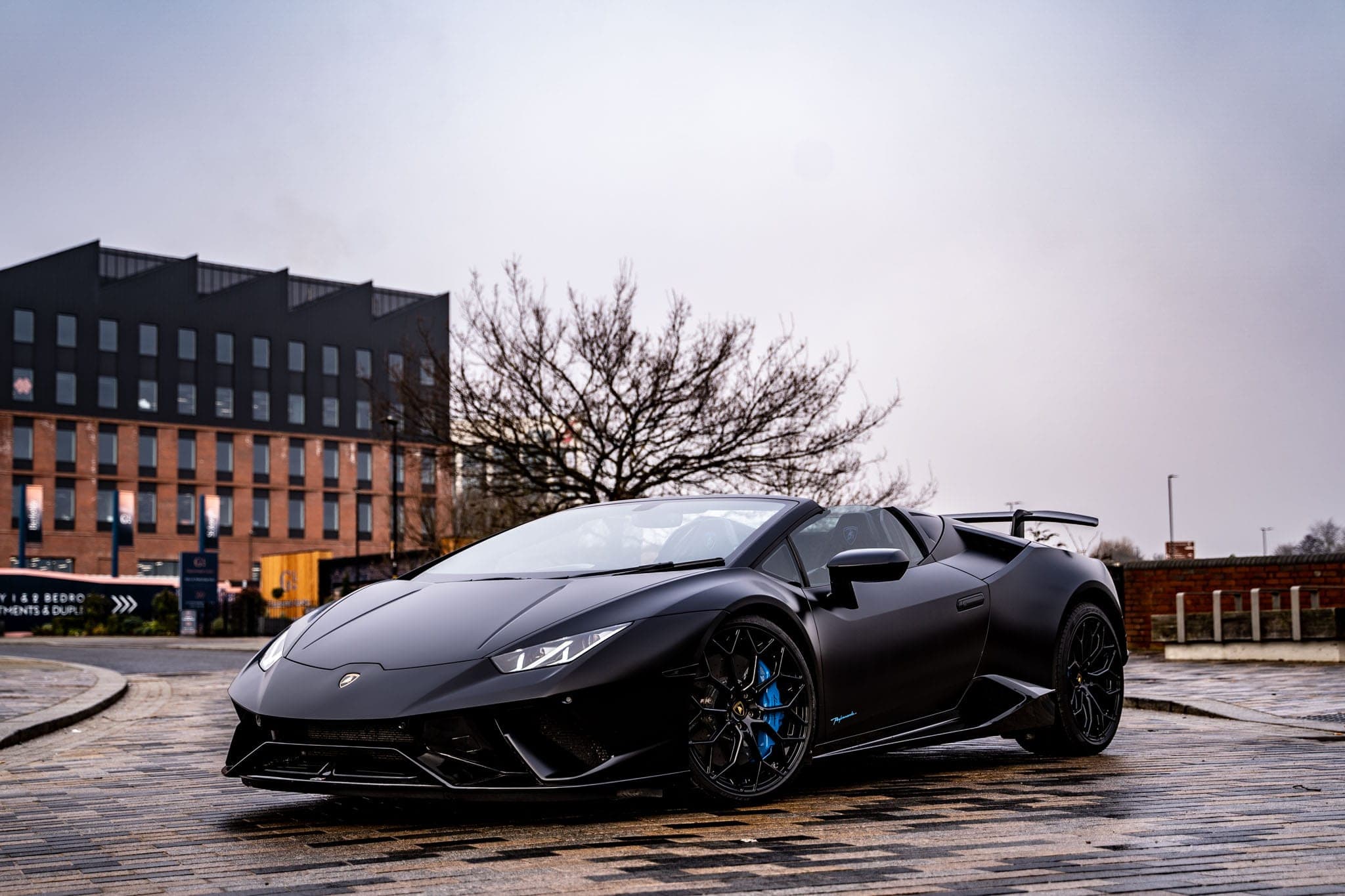 Matte black Lamborghini Huracán Performante Spyder for supercar hire at CVS Car Hire
