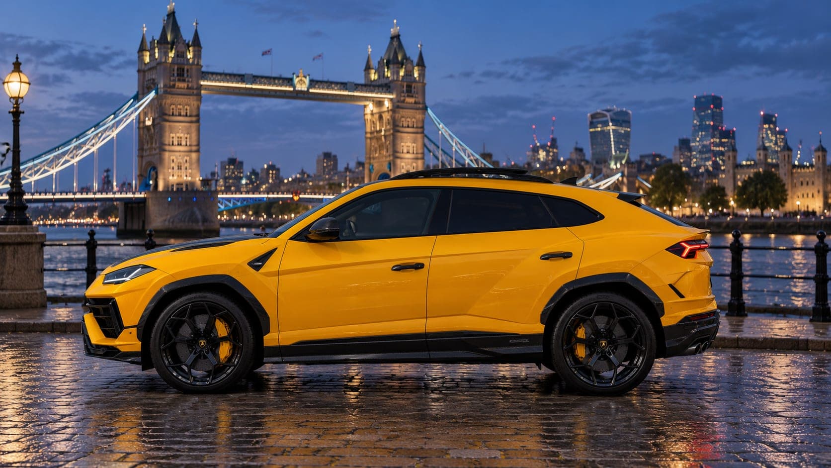 Yellow Lamborghini Urus Performante by Tower Bridge, side profile, available to hire from CVS Car Hire
